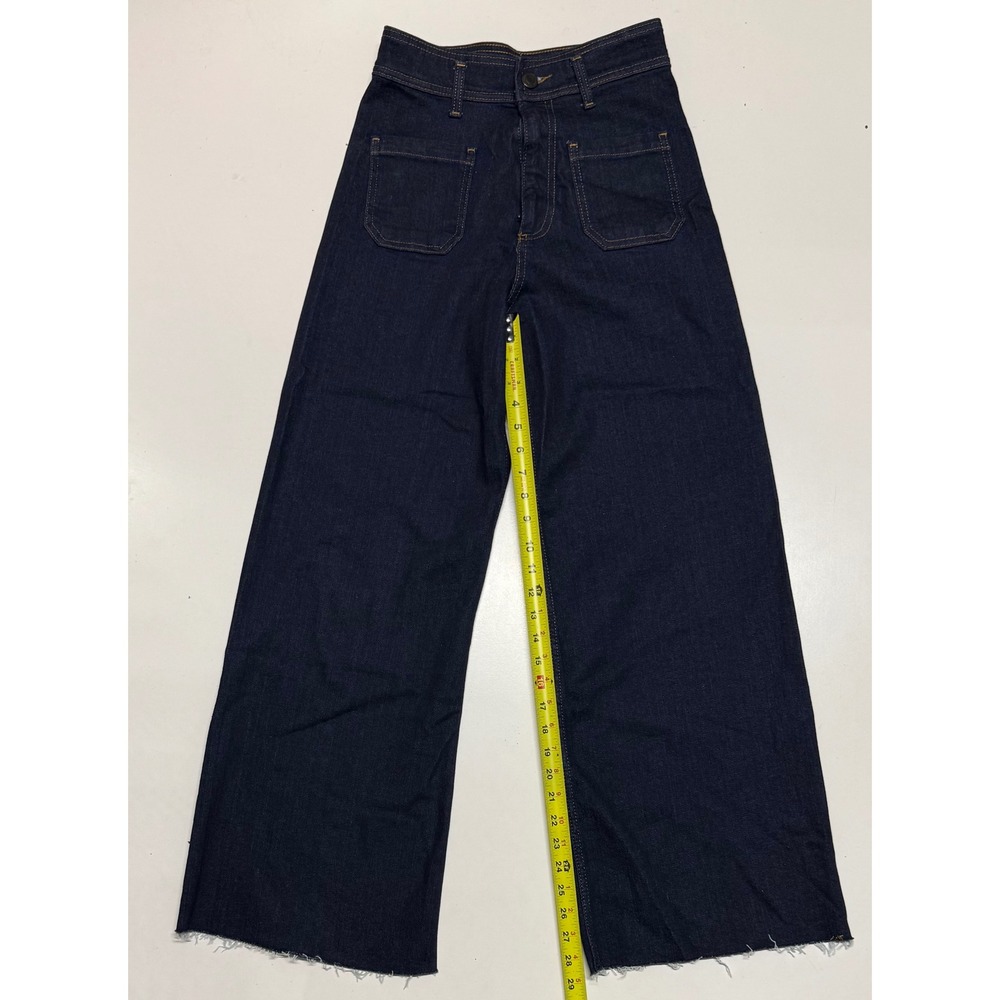 Zara Women Dark Wash High Waisted Wide Leg Jeans Raw Hem Size 6 28 Indigo